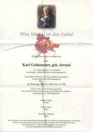 Portrait von Maria Anzbach – Herr Karl Goldammer, geb. Strnad – Das Begräbnis findet im engsten Familienkreise statt