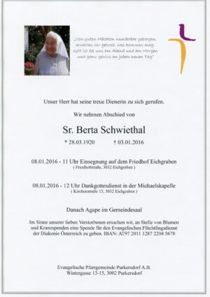 Portrait von Eichgraben – Frau Sr. Berta Schwiethal
